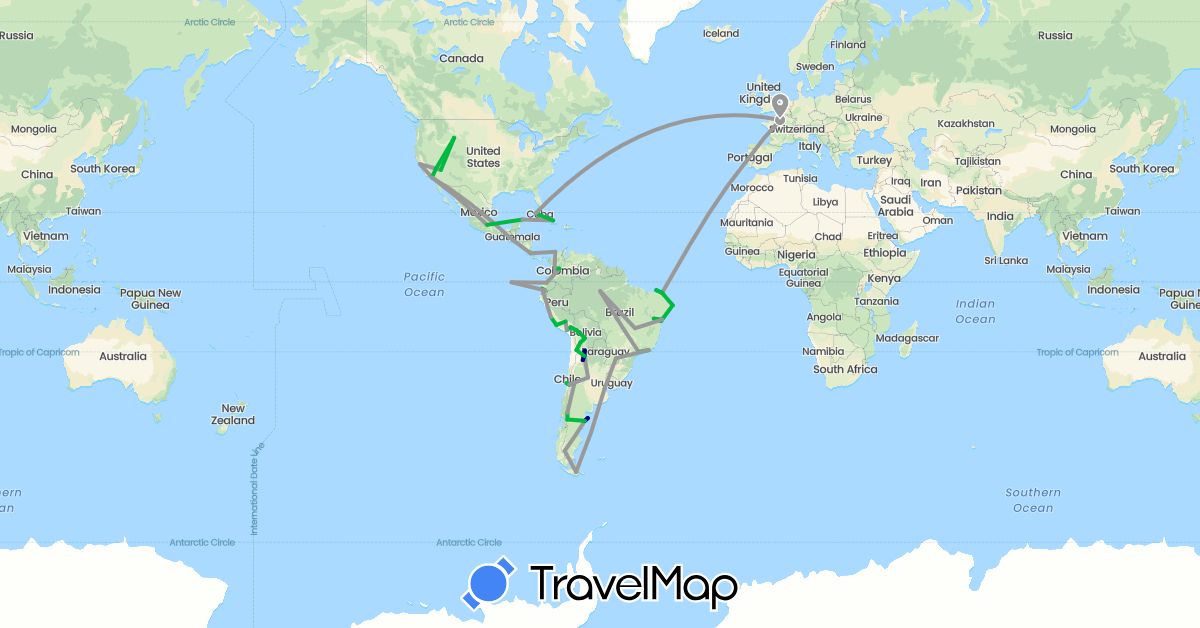 TravelMap itinerary: driving, bus, plane in Argentina, Bolivia, Brazil, Chile, Colombia, Costa Rica, Cuba, Ecuador, France, Guatemala, Mexico, Peru, Portugal, United States (Europe, North America, South America)